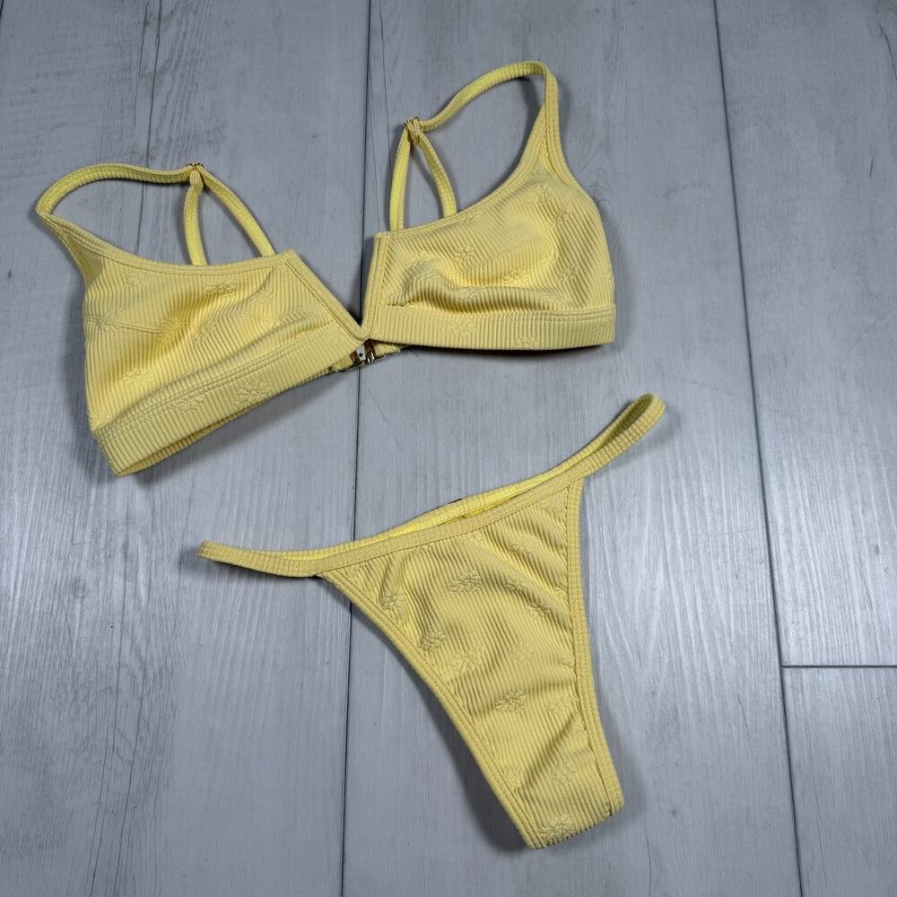 FAE Swim Small Yellow Ribbed Floral Bikini Set Thong Beach Travel Women's
